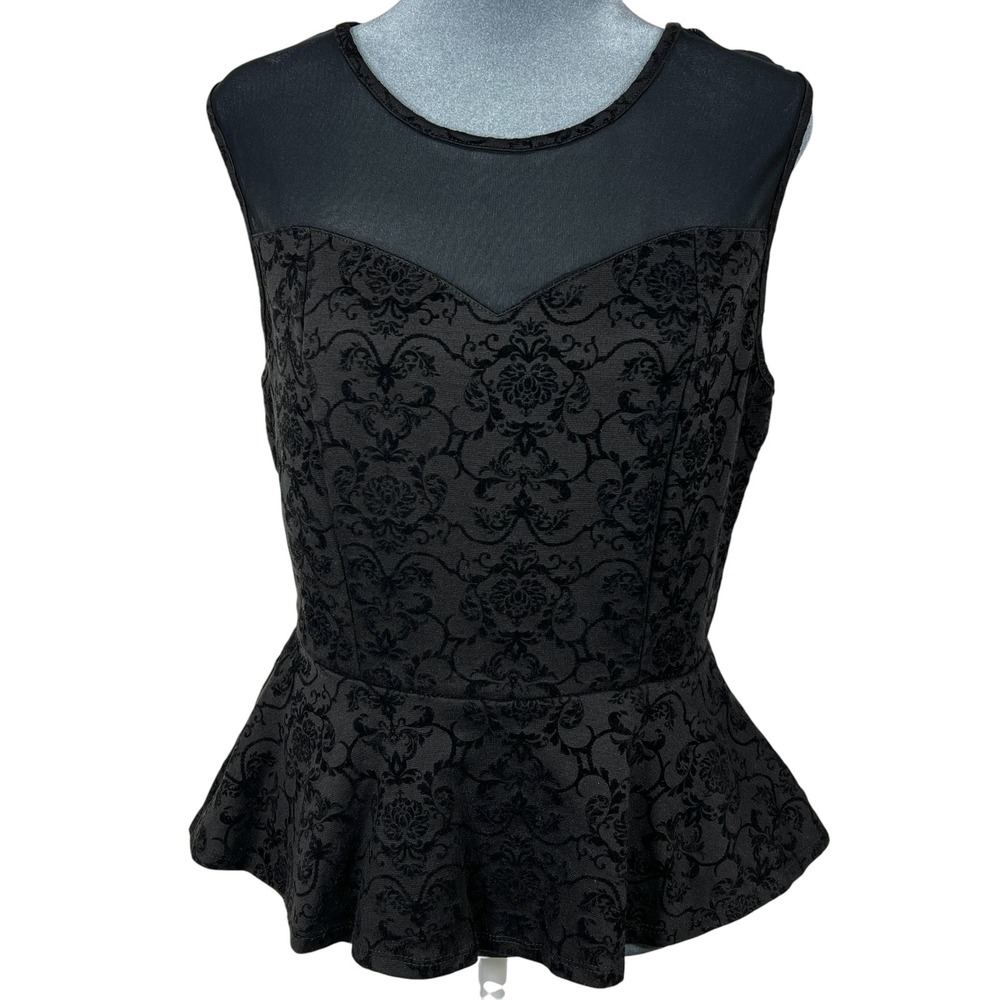 Bongo Mesh Velvet Top Large Black Damask Flocked Keyhole Peplum Goth Victorian